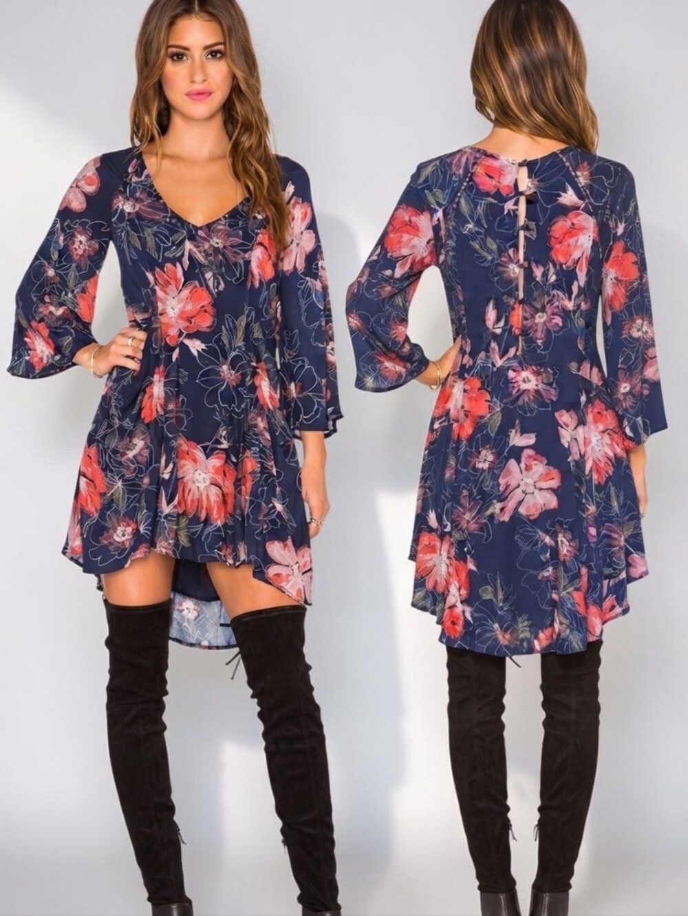FREE PEOPLE Eyes On You Navy Floral Print Boho Mini Dress - Size 6